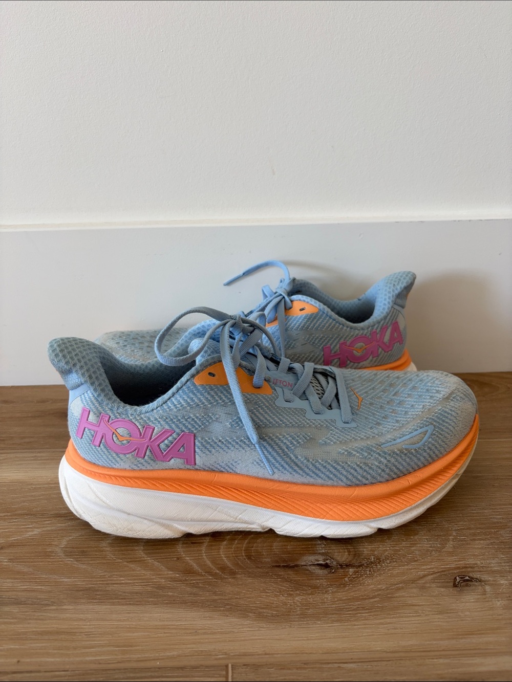 Hoka Clifton 9 Women's Light Blue & Orange Athletic Running Shoes
